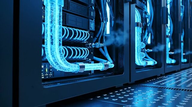 Advanced server room cooling system with blue liquid tubes and steam effect showcasing modern data center technology