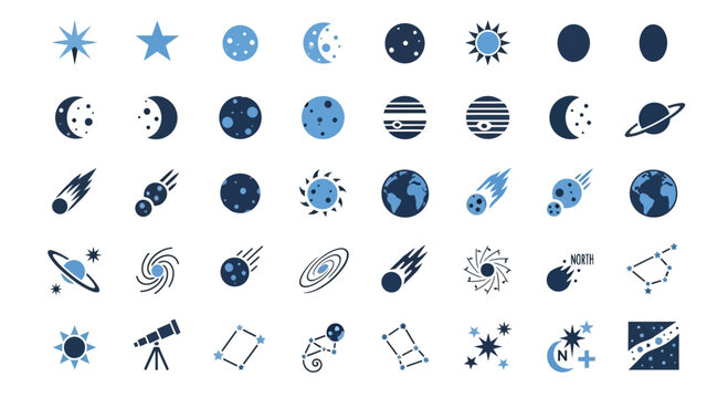 Set of space icons in trendy flat style: planets stars comets telescope vector illustration