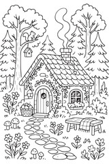 Obraz premium Cute vector illustration of a tiny house nestled in the middle of a forest, featuring soft lines, cozy details, natural elements, and an aesthetic atmosphere that feels warm and peaceful.