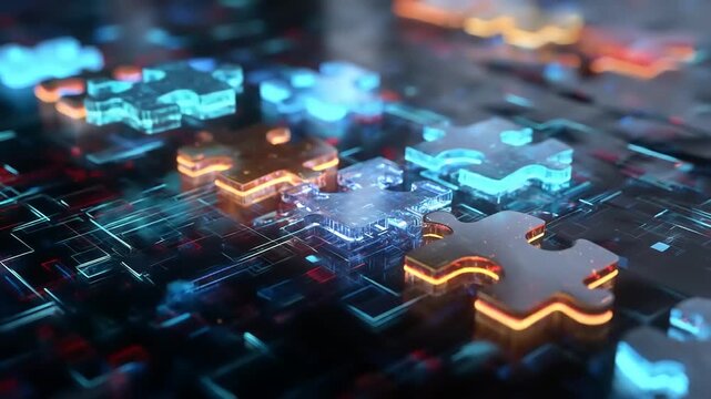 Abstract digital puzzle pieces with glowing edges on circuit board surface