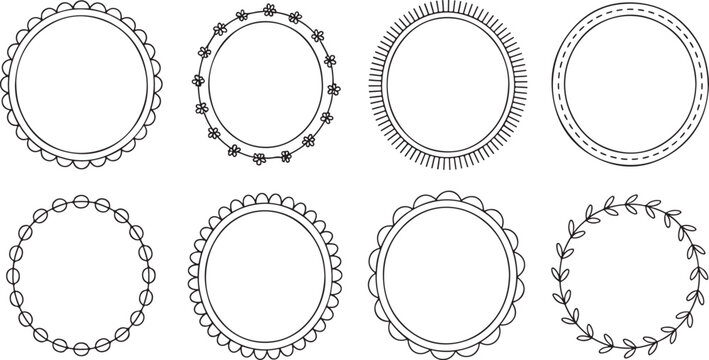 Black and white line oval frames with various decorative borders line black and white scalloped floral