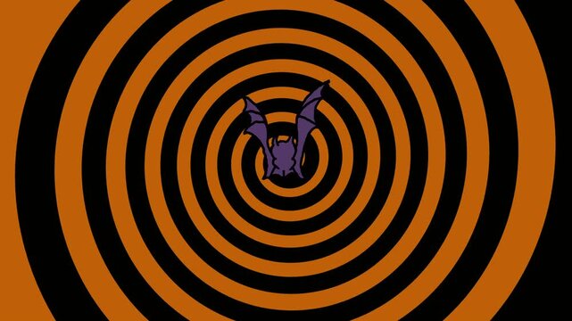 Animated purple cartoon bat with wings flapping against an orange and black Halloween color swirl background.