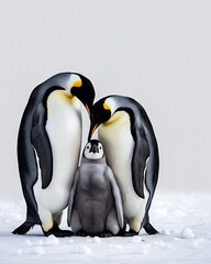 Obraz premium Emperor Penguin Family with Chick on Snow in Antarctica