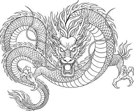 Floating Oriental Dragon in Irezumi Line Art, Minimalist 2D Black and White Vector Style Illustration