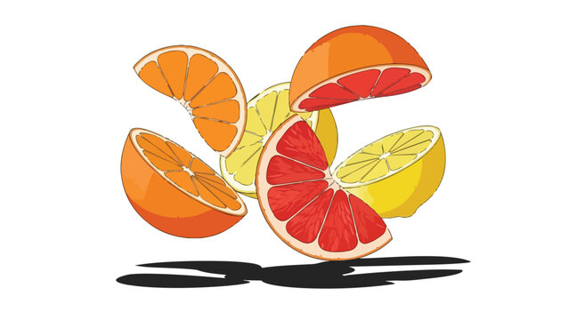 Colorful vibrant citrus medley illustration featuring fresh orange lemon grapefruit halves casting subtle shadows on a clean white background a