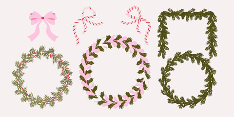 Festive christmas wreaths and a pink bow arranged in a decorative pattern © Asit