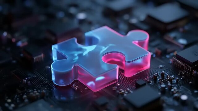 Abstract puzzle piece illuminated by blue and pink light on circuit board