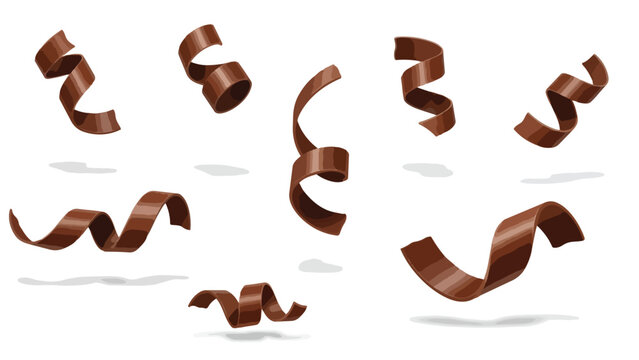Artfully crafted chocolate curls gracefully suspended, illustrating confectionery delight and delicious dessert garnishes