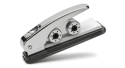 Modern metallic two-hole puncher, a classic office tool for punching holes in paper documents for filing and organization, shown in a studio shot