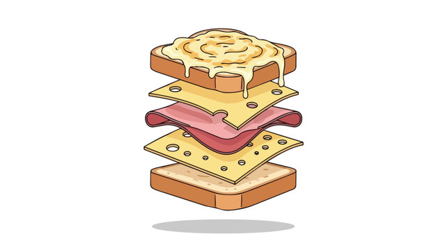 An artfully disassembled gourmet sandwich showcasing its delightful savory layers, perfect for a culinary infographic