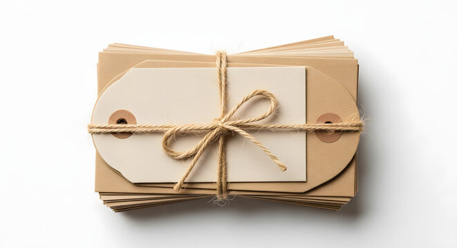 A bundle of blank rustic kraft paper gift tags tied together with a natural jute twine bow, isolated on a white background for creative projects