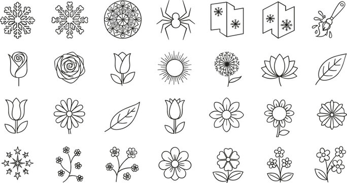 Cute floral and nature outline vector icon set with flowers leaves snowflakes insects and minimal line art