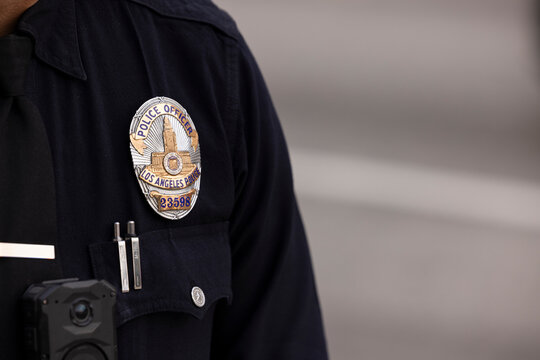 Los Angeles, California, USA - January 25, 2026: A Los Angeles Police Officer wears an LAPD badge.