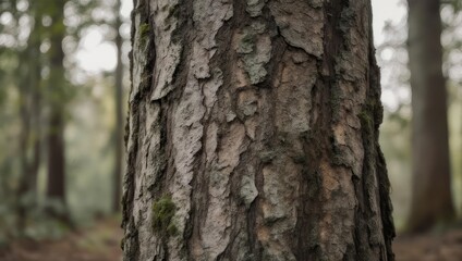 Obraz premium Close-up of a tree trunk's bark, textured with grooves and moss. Forest in soft focus background