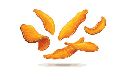 Crispy golden sweet potato chips flying in an inviting arrangement showcasing their delicious texture and wholesome appeal as a delightful snack