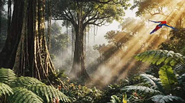 A vibrant rainforest scene featuring giant trees, lush vegetation, and colorful parrots flying through sunlit rays