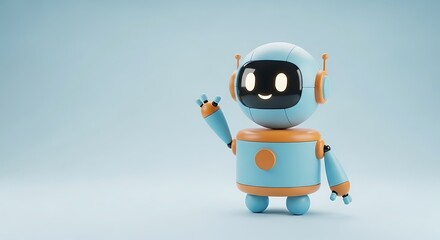 Cute blue and orange 3D robot waving hello on a light blue background. Friendly artificial intelligence character, smart home assistant, and futuristic chatbot companion concept.
