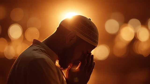 Muslim man praying at night with beautiful golden bokeh light