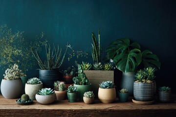 Assortment of potted succulents and foliage on a wooden surface against a teal wall