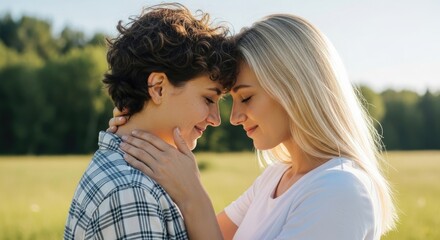 Fototapeta premium Two women embracing in a field with green trees in the background.