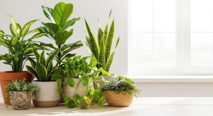 Fototapeta premium A variety of houseplants in a white room.