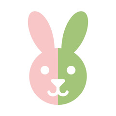 Fototapeta premium A cute cartoon bunny face divided into pink and green halves on a white background