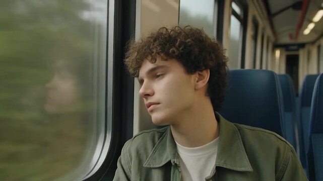 Pensive young man with curly hair gazing out a train window, lost in thought while traveling by rail, observing the passing scenery outside during his reflective journey
