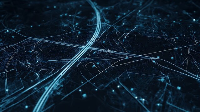Glowing blue digital map with illuminated city transit lines and data nodes on a dark background. Concept of smart city infrastructure, global logistics, urban connectivity, and big data.