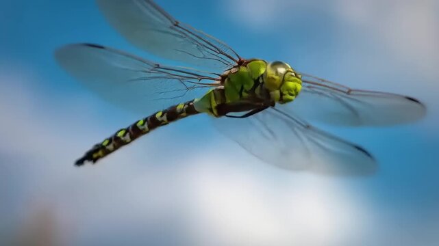 Close up of a dragonfly with transparent wings flying in blue sky