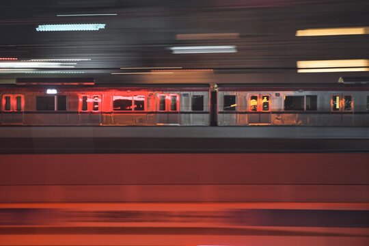 Tokyo,Japan - January 26, 2026: Panning of a commuter train at dawn
