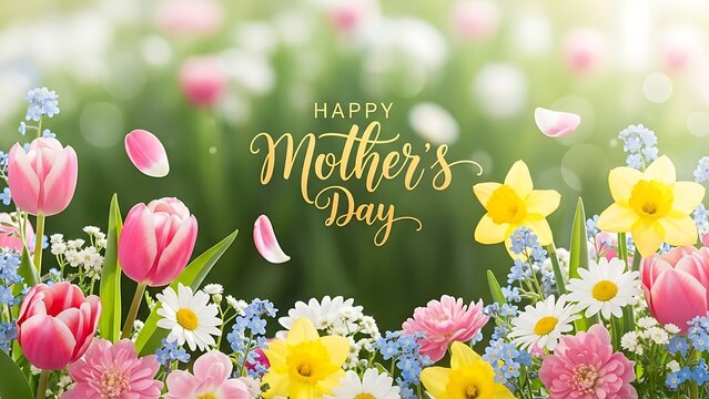 A vibrant and colorful image celebrating Mother's Day with a beautiful arrangement of flowers including tulips, daisies, and other blooms. The central message 'Happy Mother's Day' is elegantly written