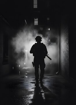Silhouette of a tactical operative walking through a smoke-filled urban alleyway on wet ground with reflections.