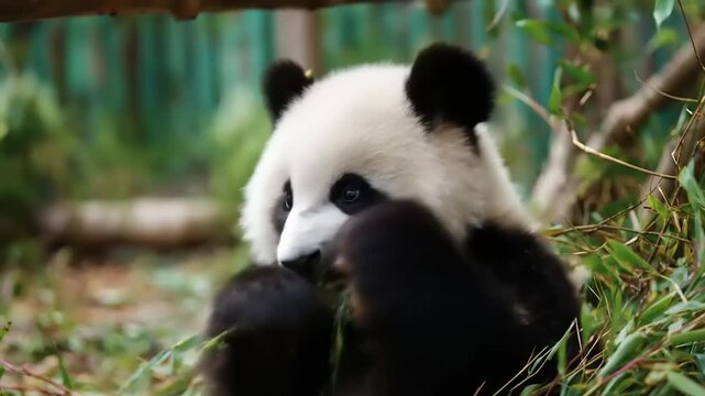 Close up of a panda bear eating vegetation with green foliage background