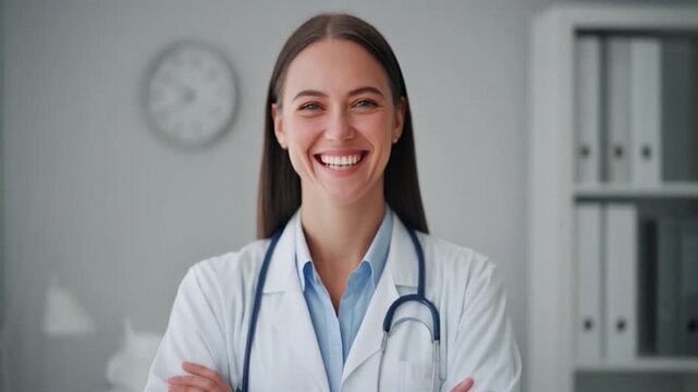 Smiling Doctor in White Coat with Stethoscope in Medical Office.