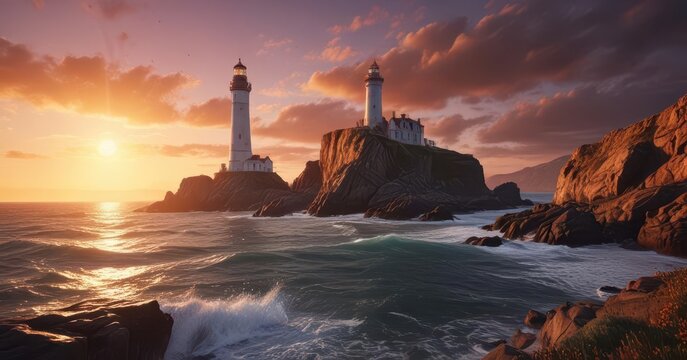 Dramatic sunset over a rugged coastline with a majestic lighthouse standing tall amidst the rocky shoreline ,  foggy atmosphere,  winter wonderland