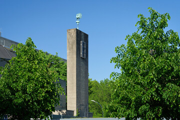 The brutalist concrete tower of the Catholic clinic church St. Johannes der T&auml;ufer in Cologne, designed by Gottfried B&ouml;hm. Modernist sacred architecture