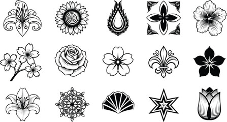 Decorative floral and ornamental vector icon set with roses lilies mandalas fleur de lis and abstract symbols © tofajjol studio