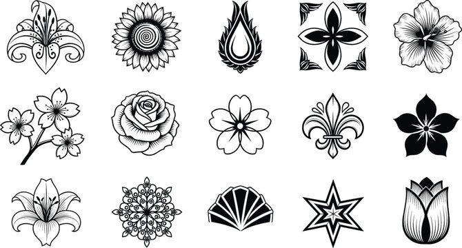 Decorative floral and ornamental vector icon set with roses lilies mandalas fleur de lis and abstract symbols