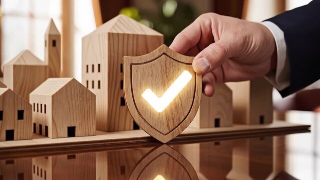 Hand holding a shield over miniature wooden houses, representing home insurance.