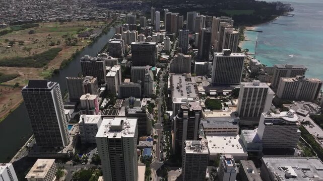 Top down view of downtown Honolulu, sunny drone video, Hawaii Oahu 4K