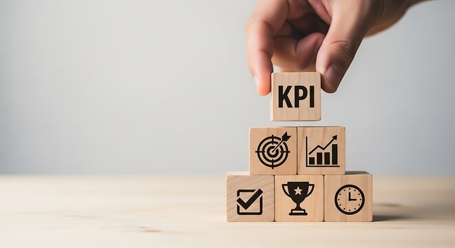 Hand Placing Wooden Block With Kpi On Top Of Target And Graph Blocks