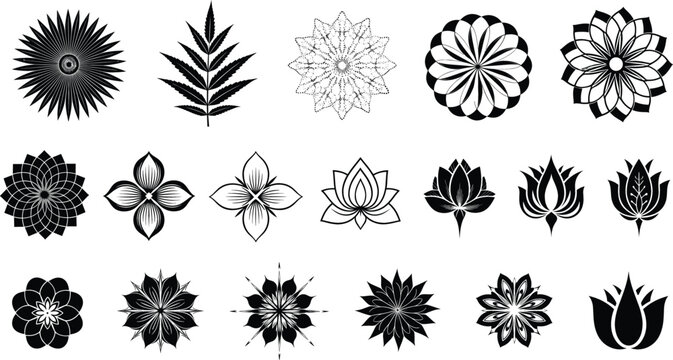 Decorative floral mandala and lotus vector icon set with abstract botanical shapes and black silhouettes