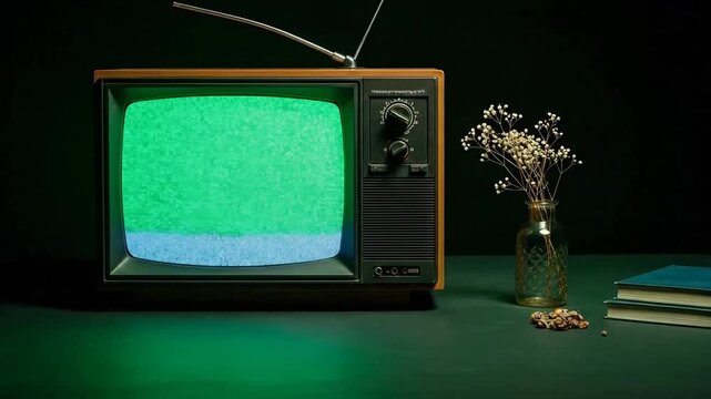 Vintage television set with static screen, books, and flowers on a dark background.