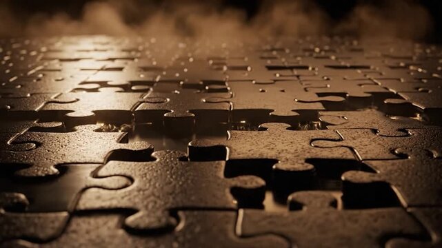 Dark, textured puzzle pieces form a surface, illuminated by faint blue glows and thick mist