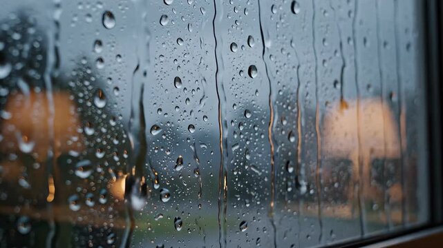 Close-up view of a window pane covered in numerous glistening raindrops and streaks, creating a beautiful natural pattern as water runs down the glass, with a softly blurred background of distant lig.