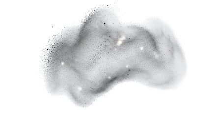 Fototapeta premium Abstract cloud of white foam or bubbles with dark specks, perfect for cleaning, hygiene, or chemical product representation, isolated on black.