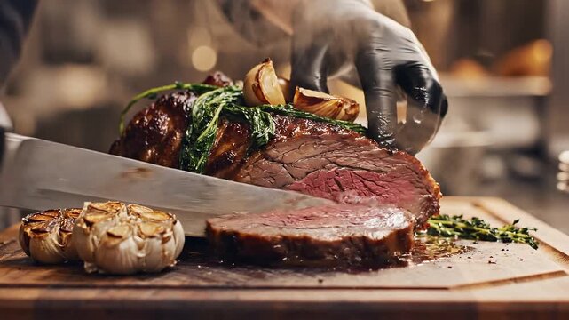 Chef Slicing Delicious Roasted Meat on Wooden Board for Dinner.
