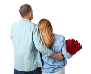 Mature couple with bouquet of roses isolated on white background, back view. Valentine's Day...