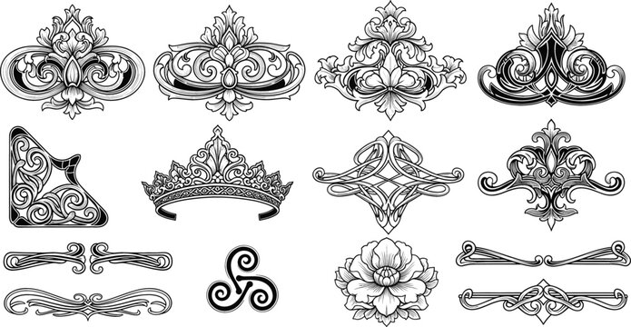 Elegant ornamental vintage vector icon set with crowns flourishes scrolls crests and decorative floral elements