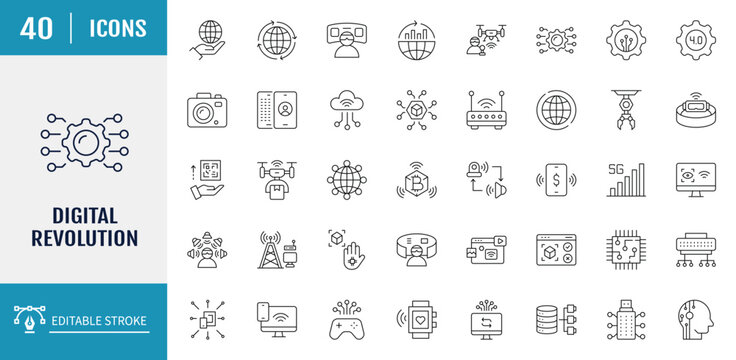 Digital Revolution icon set. Vector illustration with editable strokes